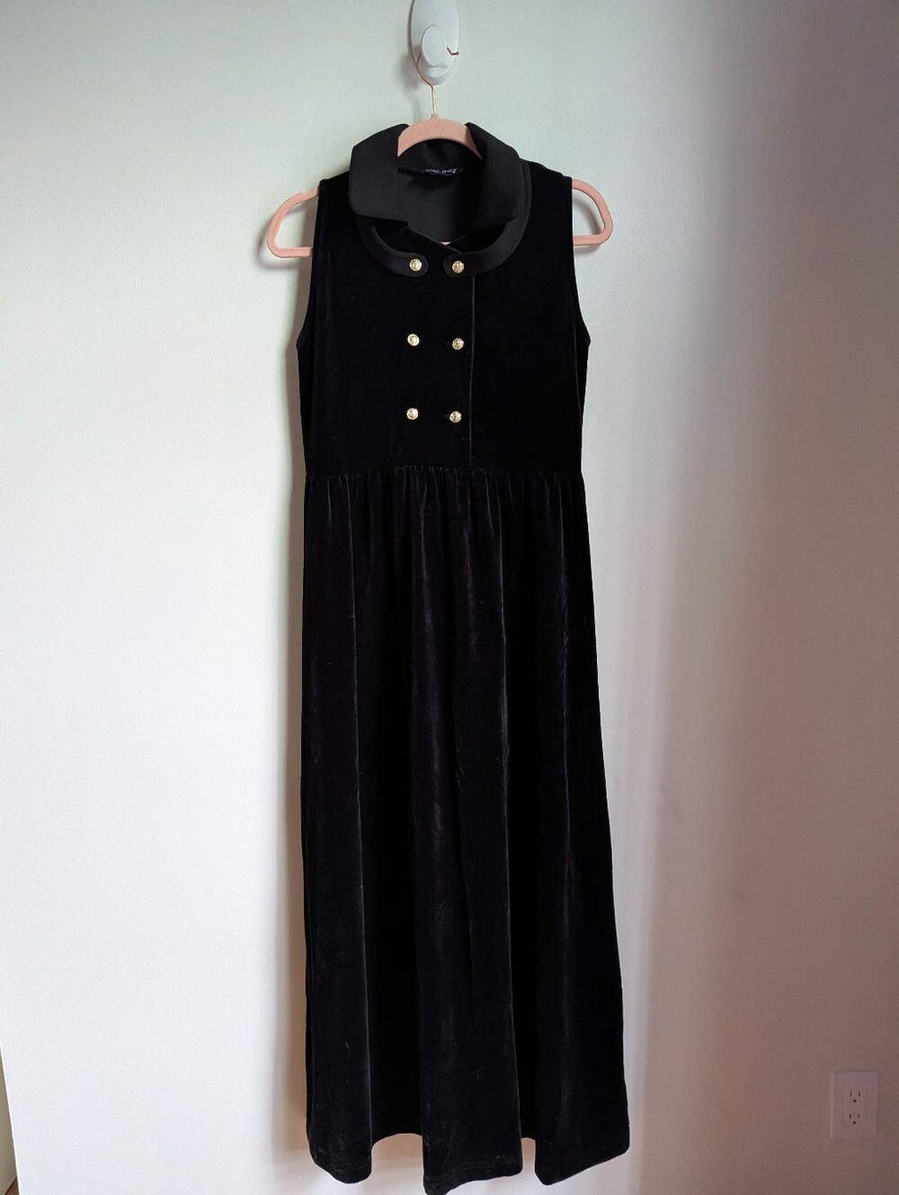 RIKI ROY Black Velvet De Rétro Cocktail Peter Pan Collar Maxi Dress Size Medium